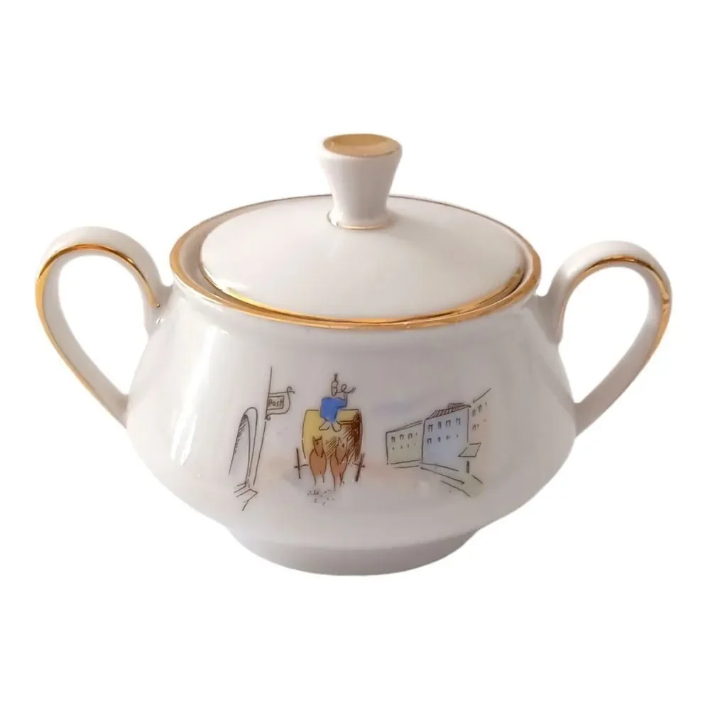 Bareuther Germany Porcelain Sugar Bowl Horse Carriage Street Scene‎ 8010 Vintage